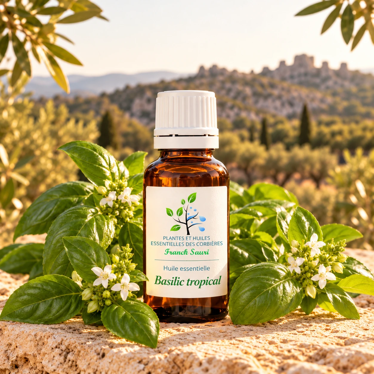 huile essentielle de basilic tropical bio (ocinum basilicum) avec sa plante associée – Franck Sauri