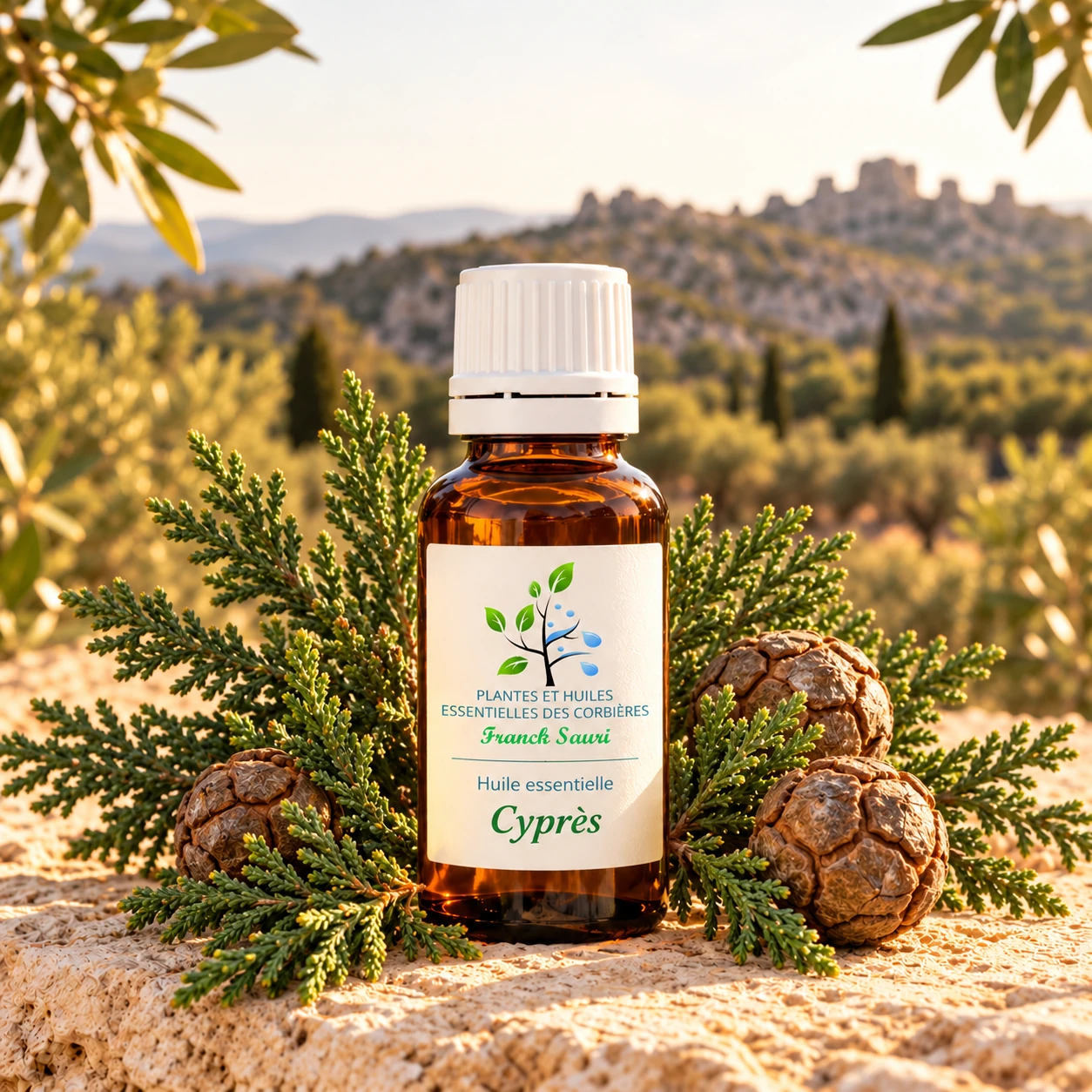 Huile essentielle cyprès bio (cupresus sempervirens) 5 ml avec sa plante associée – Franck Sauri
