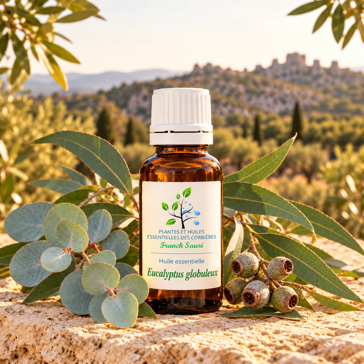 Huile essentielle d’Eucalyptus globuleux bio(origine France,Corbières) avec sa plante associée – Franck Sauri