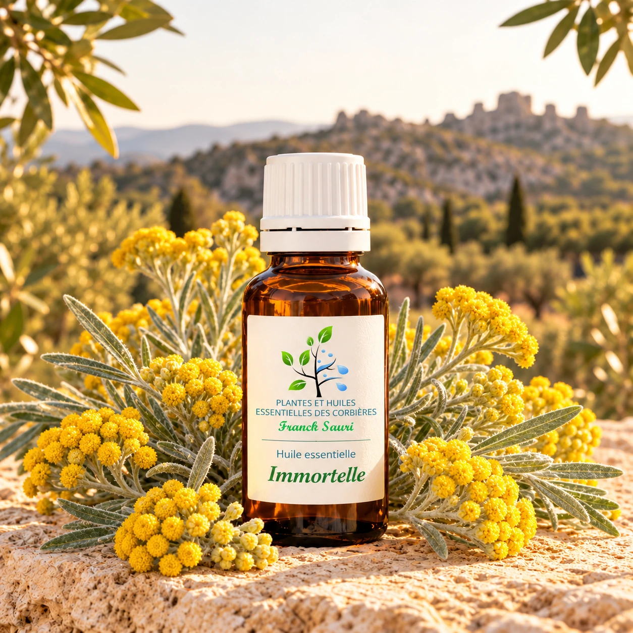 Huile essentielle d’immortelle sauvage corse bio extra(origine nébiu) avec sa plante associée – Franck Sauri