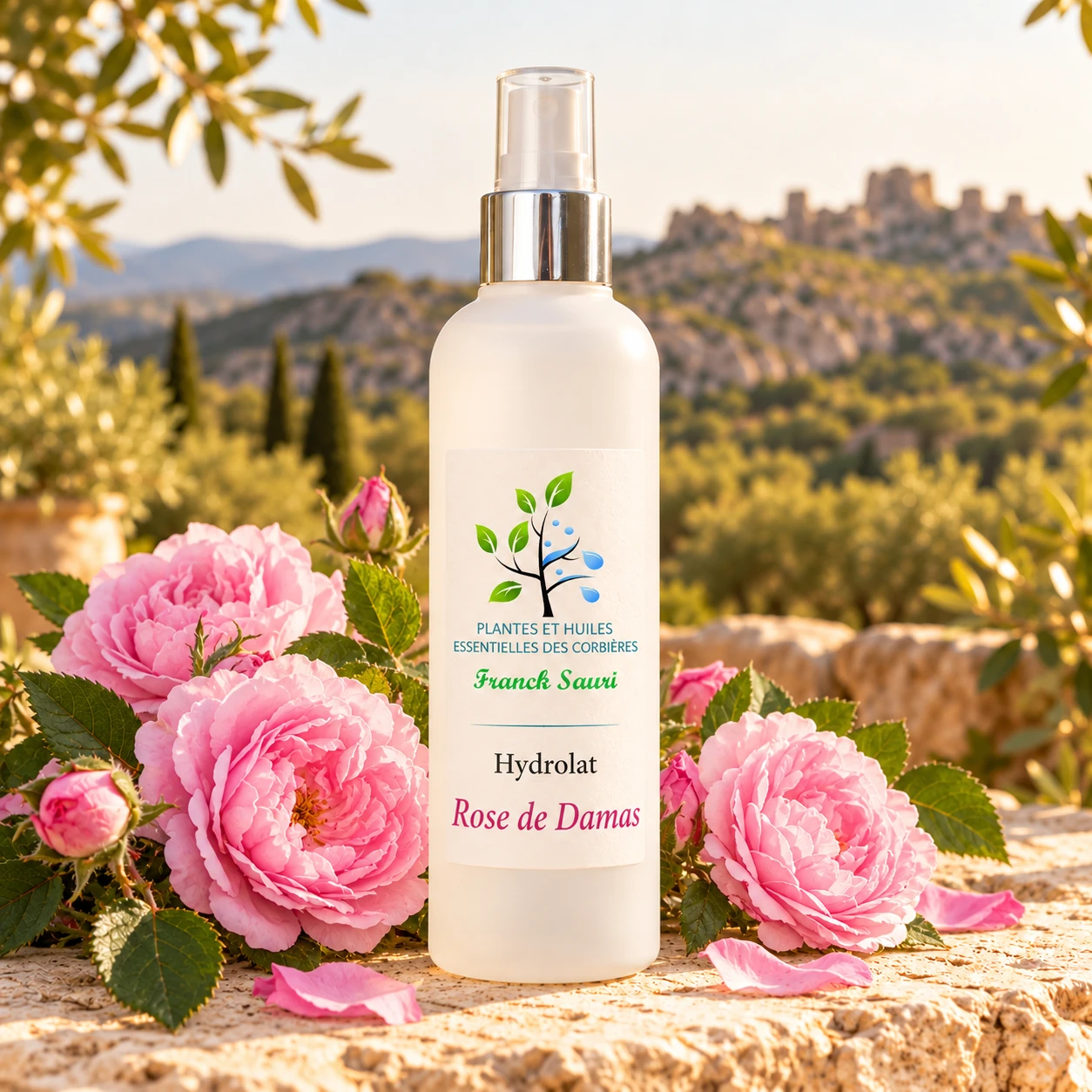 Eau Florale de rose de Damas bio avec sa plante associée – Franck Sauri